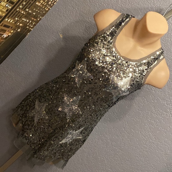 LIPSTICK - tank: black mesh semi-sheer racerback w silver sequins & stars - L - Picture 16 of 16